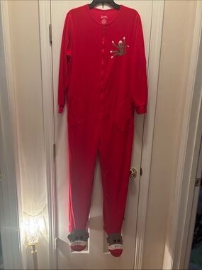 NWOT Nick & Nora Red One-Piece Footed Pajamas with Monkey Detail